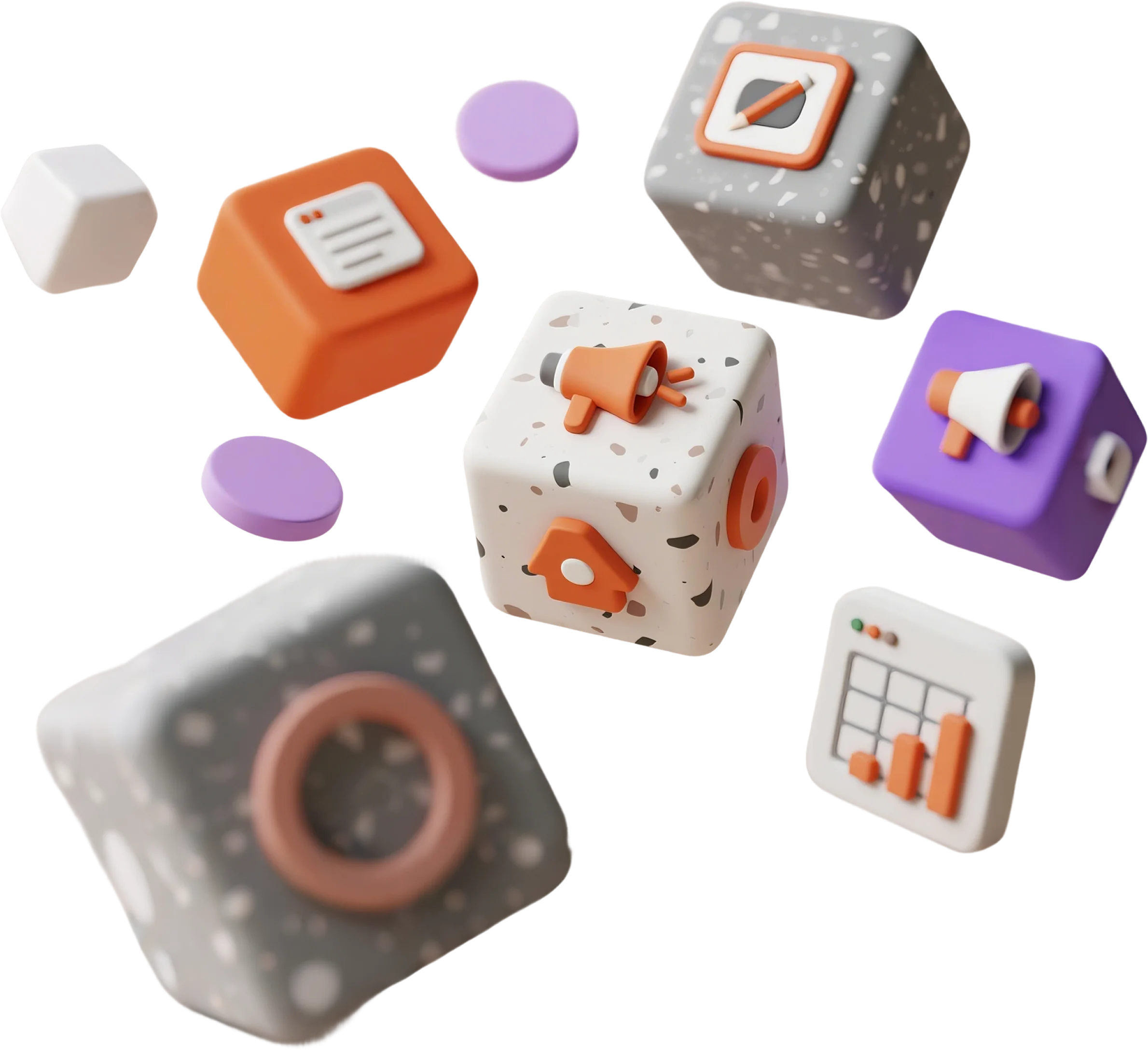 Floating 3D icons representing technology and business solutions